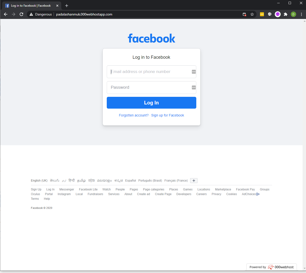 Facebook phishing page found at hxxps://padalashanmuk.000webhostapp.com/